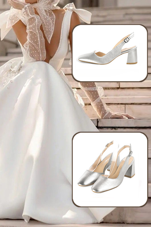 Dress slingback heels in silver leather with medium flare heels and round toe - Top view